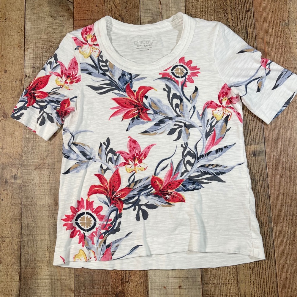 Chicos White Floral  Slub Knit Short Sleeve Tee Top Size 0 Small Cotton Modal